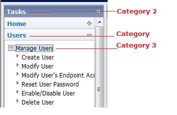 Screen illustrating the different category levels in the User Console